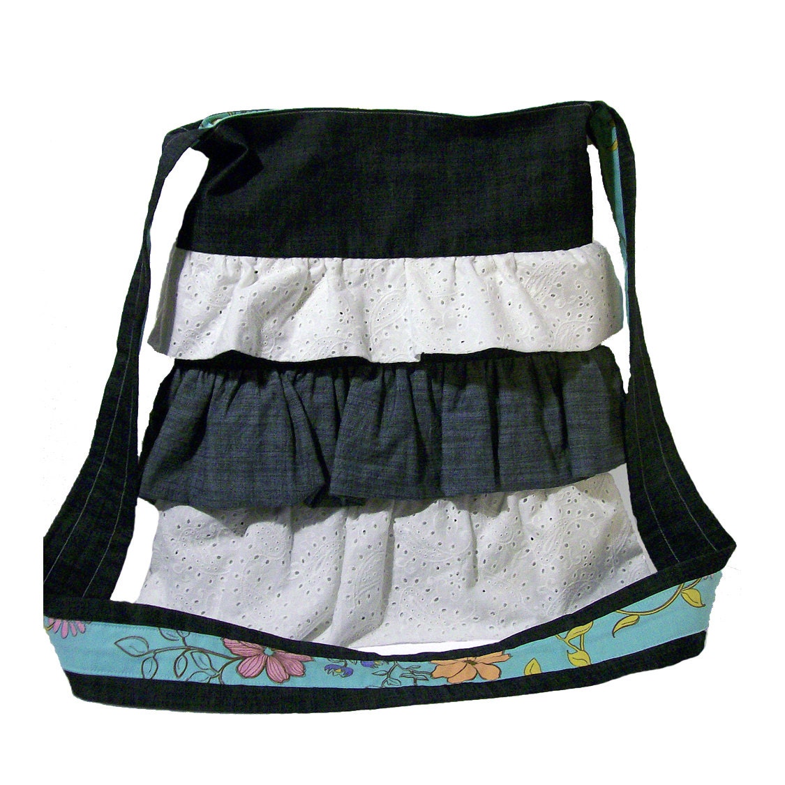 Laptop Bag -- Cross Body Denim & Eyelet Ruffles with Floral Lining