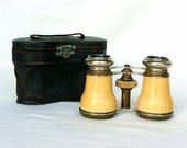 Antique French binoculars & leather case 1920s butterscotch bakelite binoculars yellow opera glasses horse racing Fathers day gift sports
