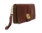 French vintage leather clutch, red wine brown leather bag, wristlet clutch, French bag, leather purse, mens bag, man bag, gift for him