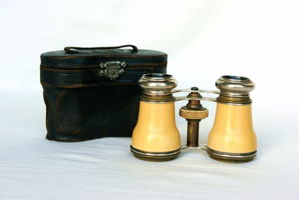 Antique French binoculars & leather case 1920s butterscotch bakelite binoculars yellow opera glasses horse racing Fathers day gift sports