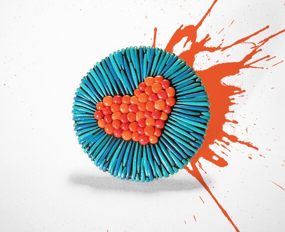 Love Jewelry / statemen heart ring, OOAK, polymer clay, turquoise orange / "With All My Heart" /