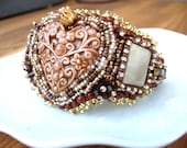 SALE Bead Embroidered Bracelet beadwork Cuff  ALICE with  two fossil coral beads Seed Bead Jewelry Mothers day