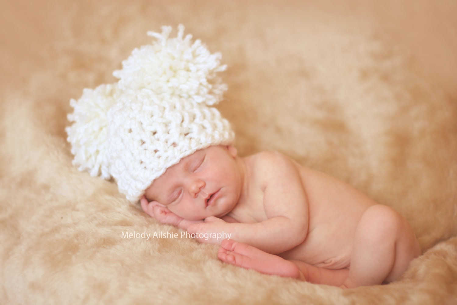 Newborn Baby Girl Hat Chunky Cream Ivory Off White Crochet Knit Infant Double Pom Pom Beanie Photography Prop