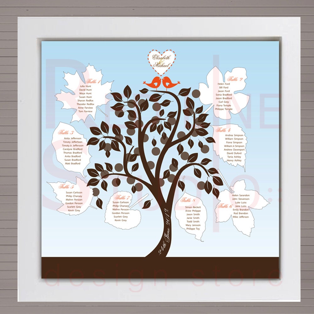 Printable Custom Wedding reception seating chart. Autumn "falling love" tree.