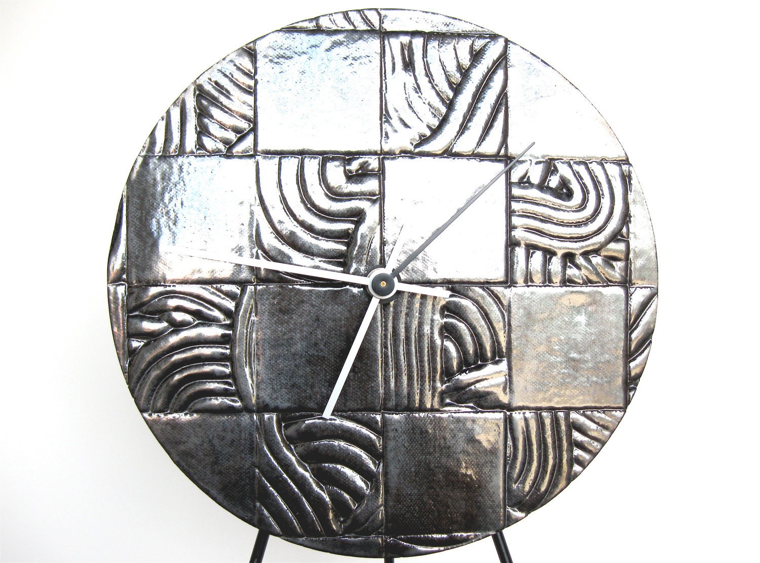 Checkerboard Wall Clock, modern ceramic wall hanging art housewares home decor in dark metallic silver