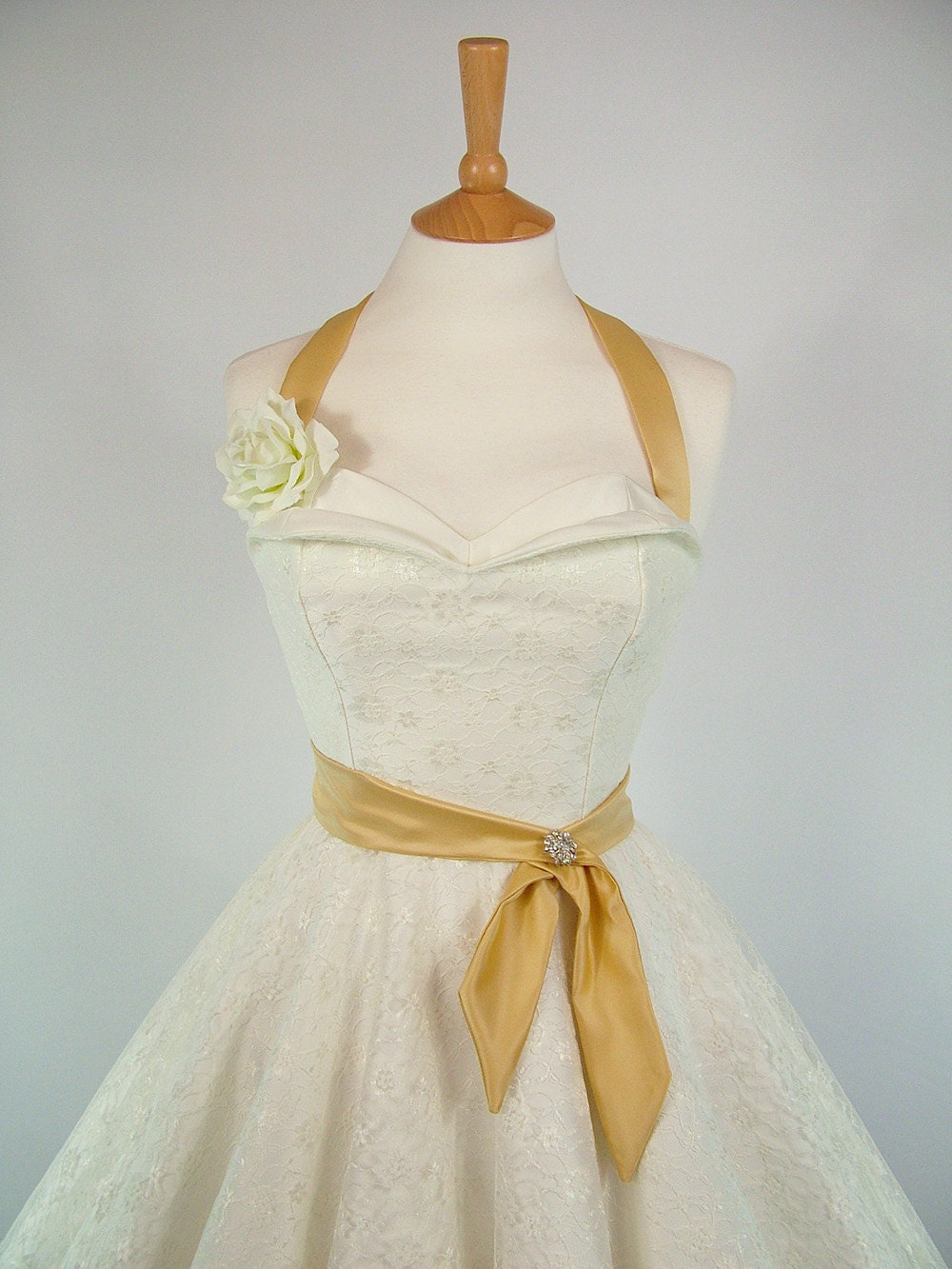 Made To Measure Duchess Satin & Lace Full Circle Petal Bust Wedding Dress - Detachable Straps and Belt