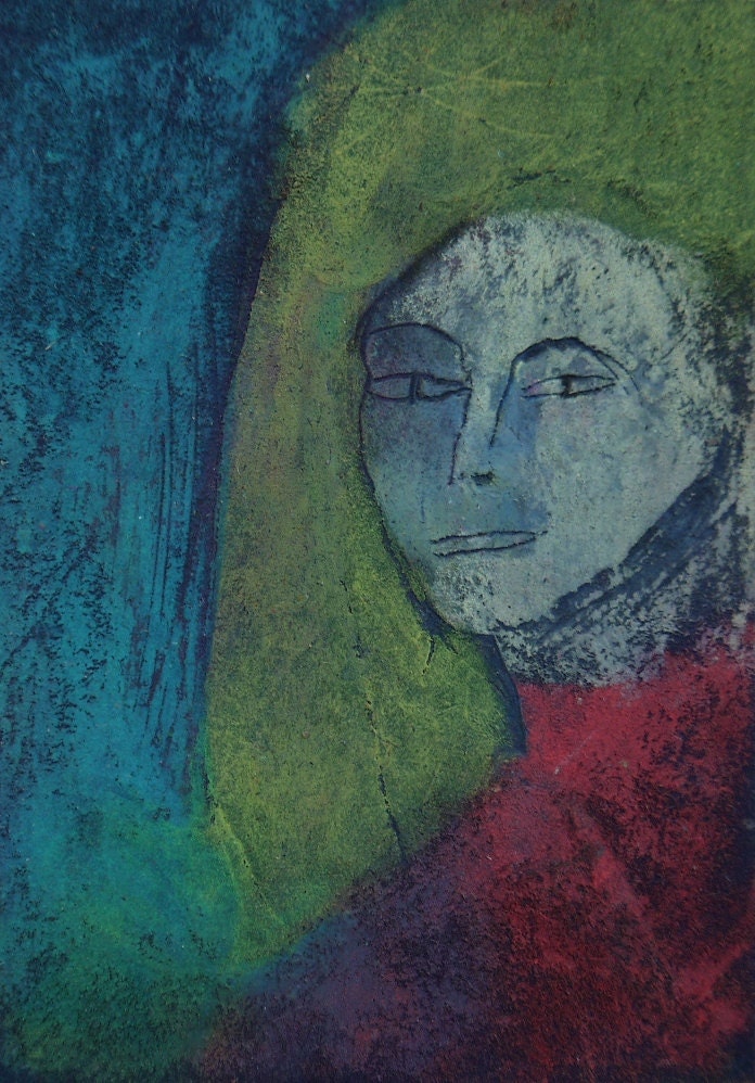 Outsider Folk Art, TEXTURED ACEO PAINTING, original woman portrait, Miniature Art by Teofana