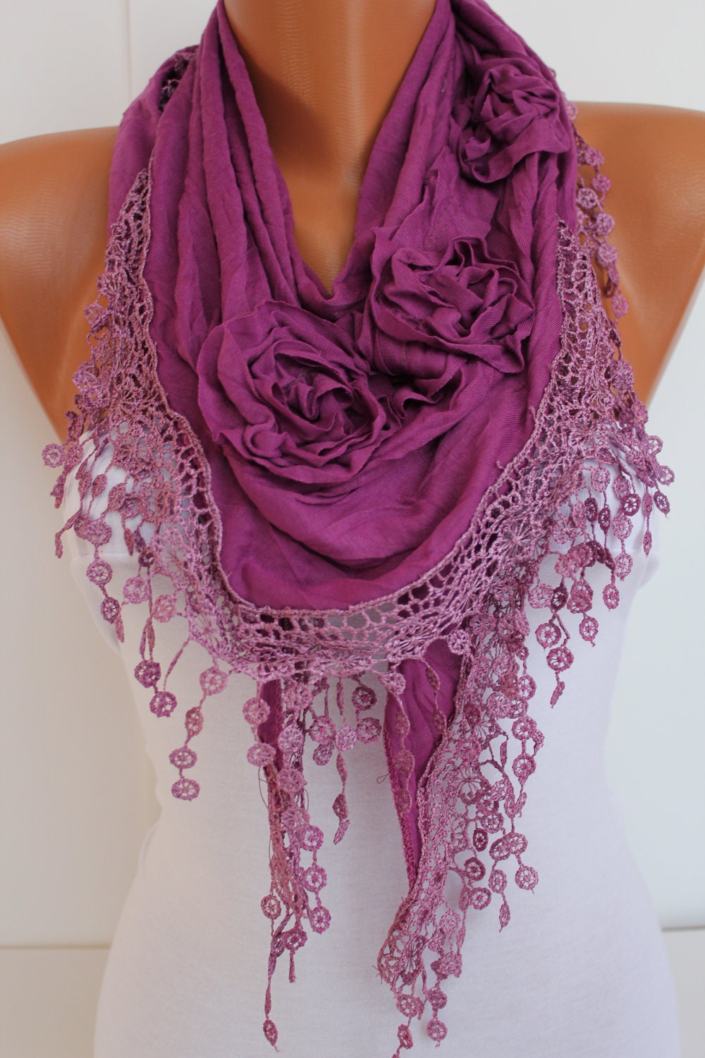 Purple Rose Cotton Shawl/ Scarf - Headband -Cowl with Lace Edge - Summer Trends
