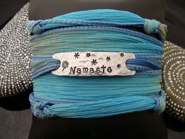 SALE D2E hand dyed silk ribbon yoga wrap bracelet "Namaste" hand stamped charm with magnetic clasp