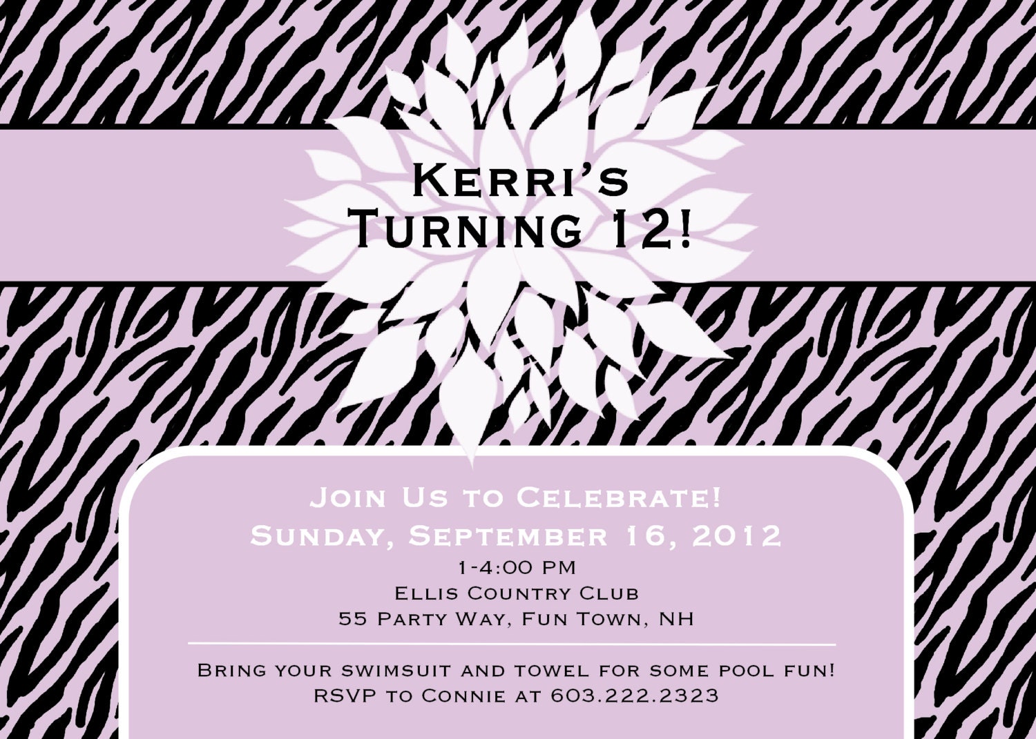 Birthday Party Invitation Zebra Print Purple Black Chrysanthemum - Girl Birthday Party Invitation Zebra Teen Tween Printable Elegant Classy