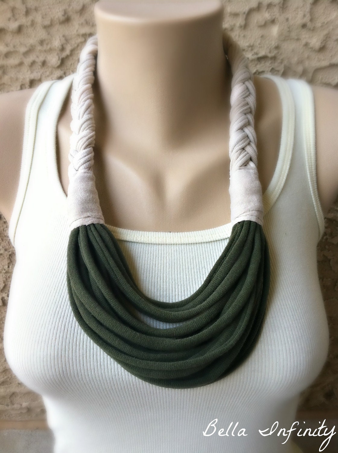 Bella Infinity Braided Scarf Up-Cycled Jersey Fabric Cream Hunter Green Colorful Boho Chic Fun Design