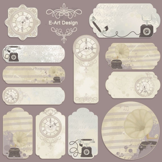 Buy gift tags and printable cards - Vintage Gift Tags, Antique Clock and Phonograph Book Mark, Vector Vintage ATC/ACEO Printable Card, Greeting and Thanks Card B036