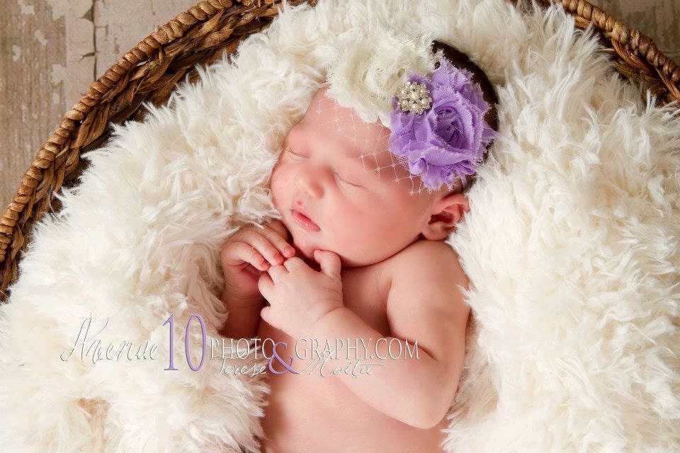 Vintage Inspired Shabby Chic Style Lavender Chiffon Rose Headband with veiling on elastic / Crystal detailing