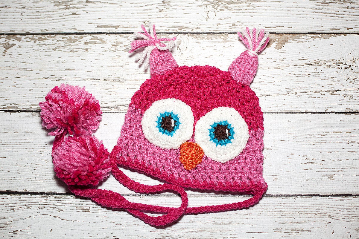 Crochet Owl Hat - Hot Pink, Pink, Orange and Teal with pompom ties - Photography Prop - 15 inch size - Made to order two days