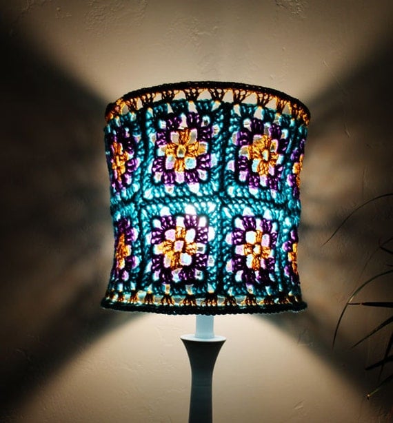Hippie Crochet Lampshade Granny Square Aqua Blue Purple Pansies Gold Lighting Housewares Home Decor Nursery