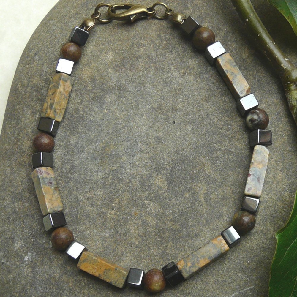 Mens Gemstone Bracelet Picture Jasper and Hematite Free Worldwide Shipping