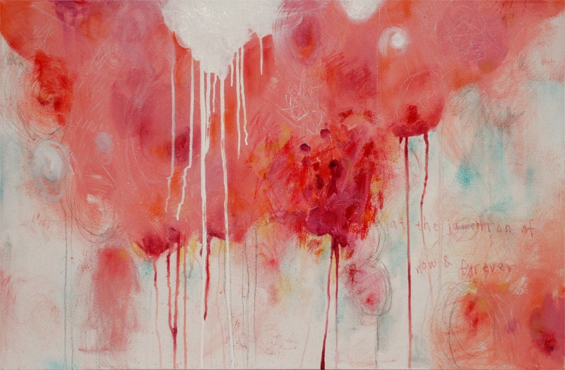 Contemporary Modern Large Mixed Media Painting Art Hot Pink Orange Red Peach Mango by JUURI 24 x 36 x .75"