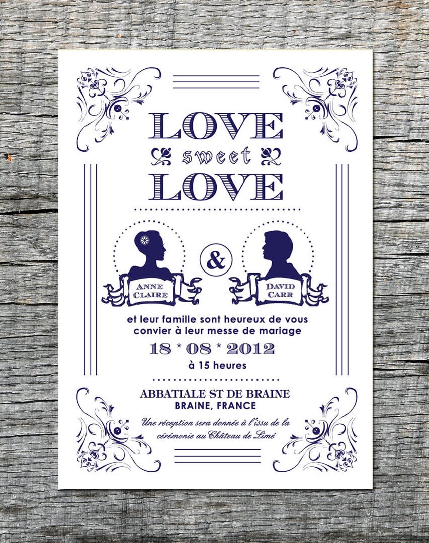 Vintage Wedding Invitation with Silhouette of Couple - Hand Drawn Graphics - DIY Printable