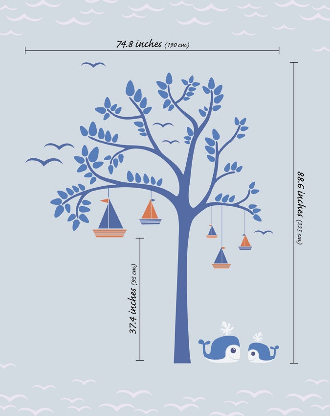 Baby Nursery Wall Decals - Sailboats Tree Wall Decal - Tree Wall Decals - Large: approx 88" x 75" - K005