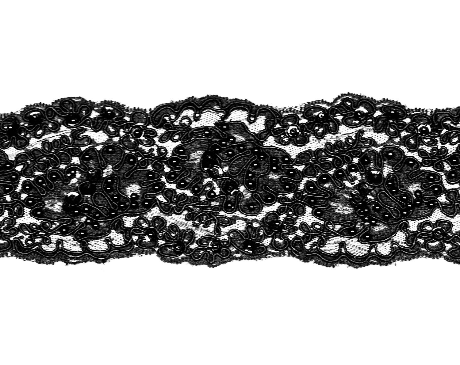 1 Yard Vintage Black Lace Trim. Embroidered Floral Design, AB Sequins and Black Pearl Tone Beads.  Item 0708 - CosmosCoolSupplies
