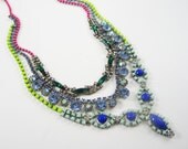 The Melihe Necklace - OOAK - Vintage 1950s Neon Pink Yellow Green and White Rhinestone Bib Necklace - Ready To Ship