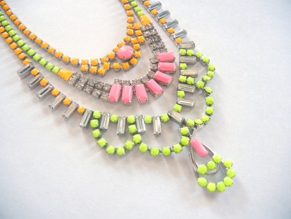 Vintage 1950s One Of A Kind Hand Painted 3 Strand Bold Neon Yellow Pink and Orange Rhinestone Necklace - Made To Order