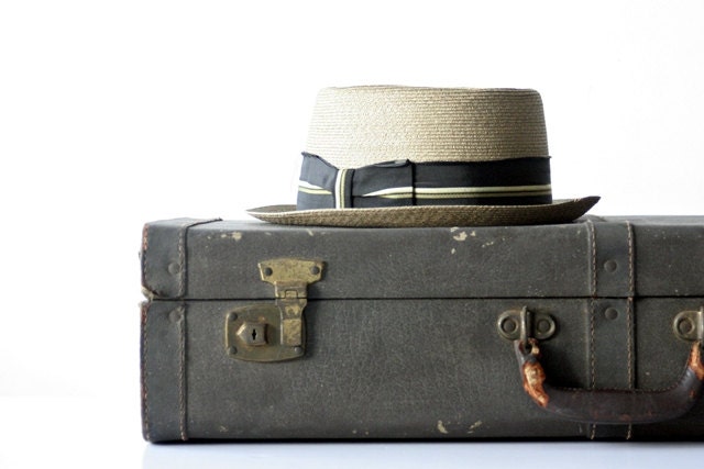 1930's Dark Brown Leather Suitcase with Soft Pale Gold Cloth Interior