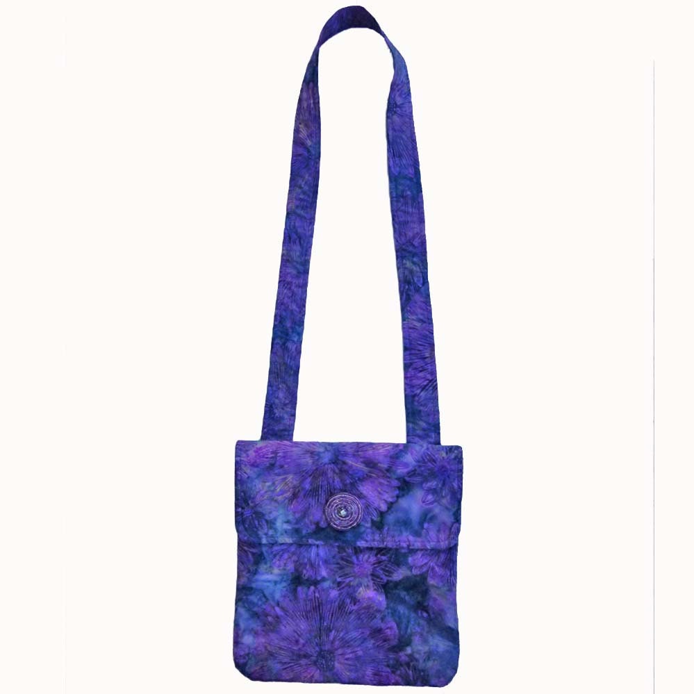 Multicolor Purples and Blue Flower Batik Print  Messenger Bag Purse with a  Handmade Beaded Button, Purse,School  Bag