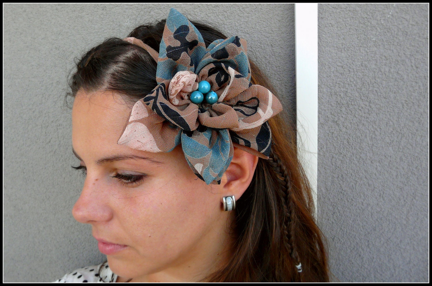 Stylish Brown Headband Flower, Brown Hair Accessory, Handmade Hair Flower, Brown and Blue