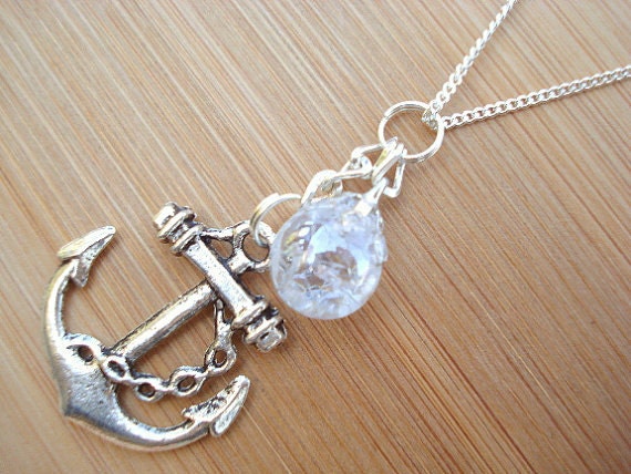 Nautical Anchor Crystal Crackle Glass Marble Necklace