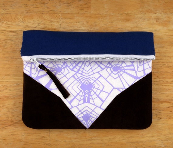 OOAK, Geometric Tortoise Shell Hand-Screened Fold-Over Clutch, Lavender, Blue Canvas, Chocolate suede