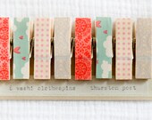Set of 8 Washi Tape Covered Clothespins Chunky Small Aqua, Pink, Gray