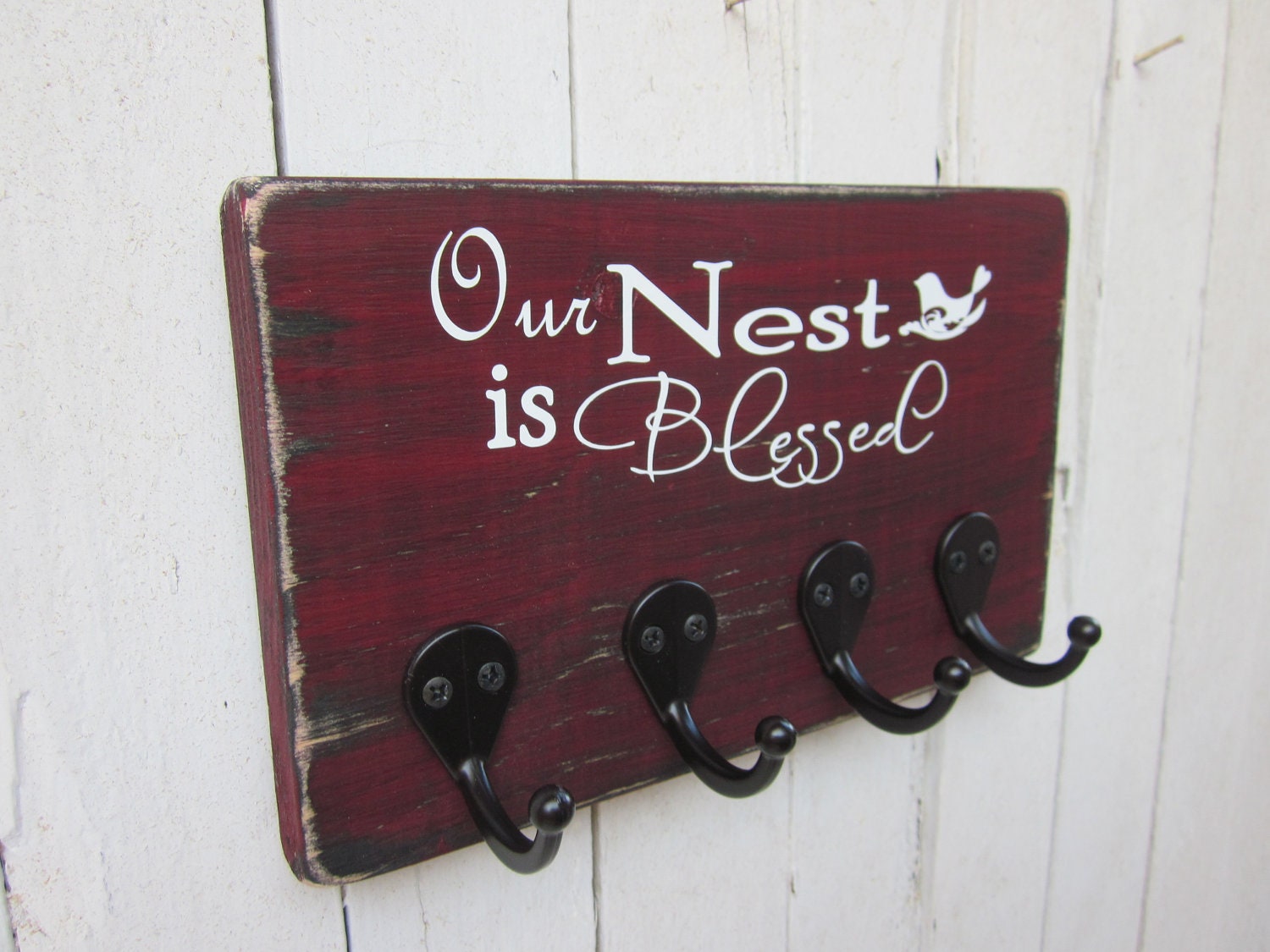 Our Nest is Blessed - Key Holder - Key Hanger - Distressed Wooden Sign - Barn Red