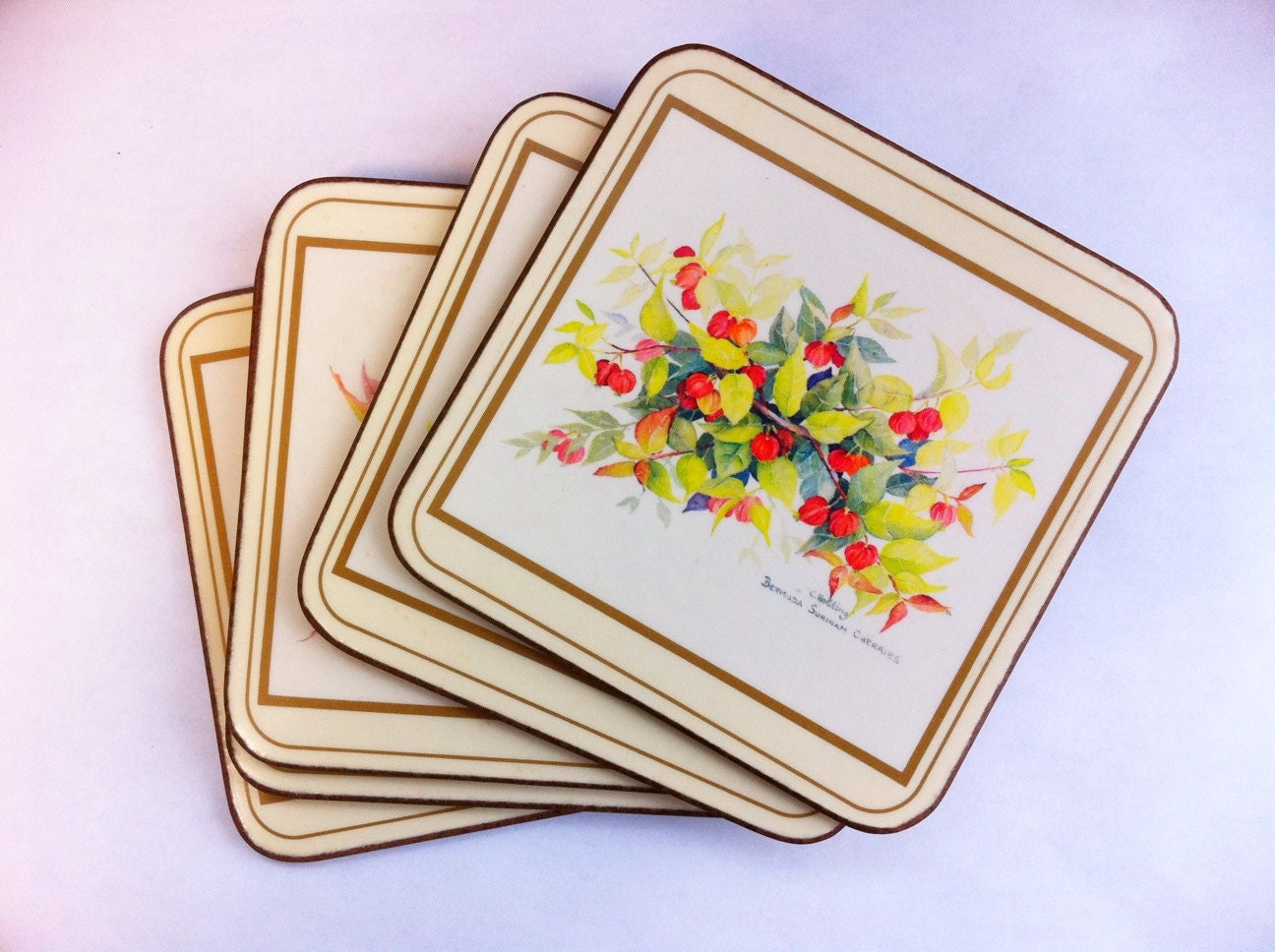 Vintage Pimpernel coasters.  Cork coaster set.  Made in England.  Bermuda Suriam Cherries series.  Set of 5.