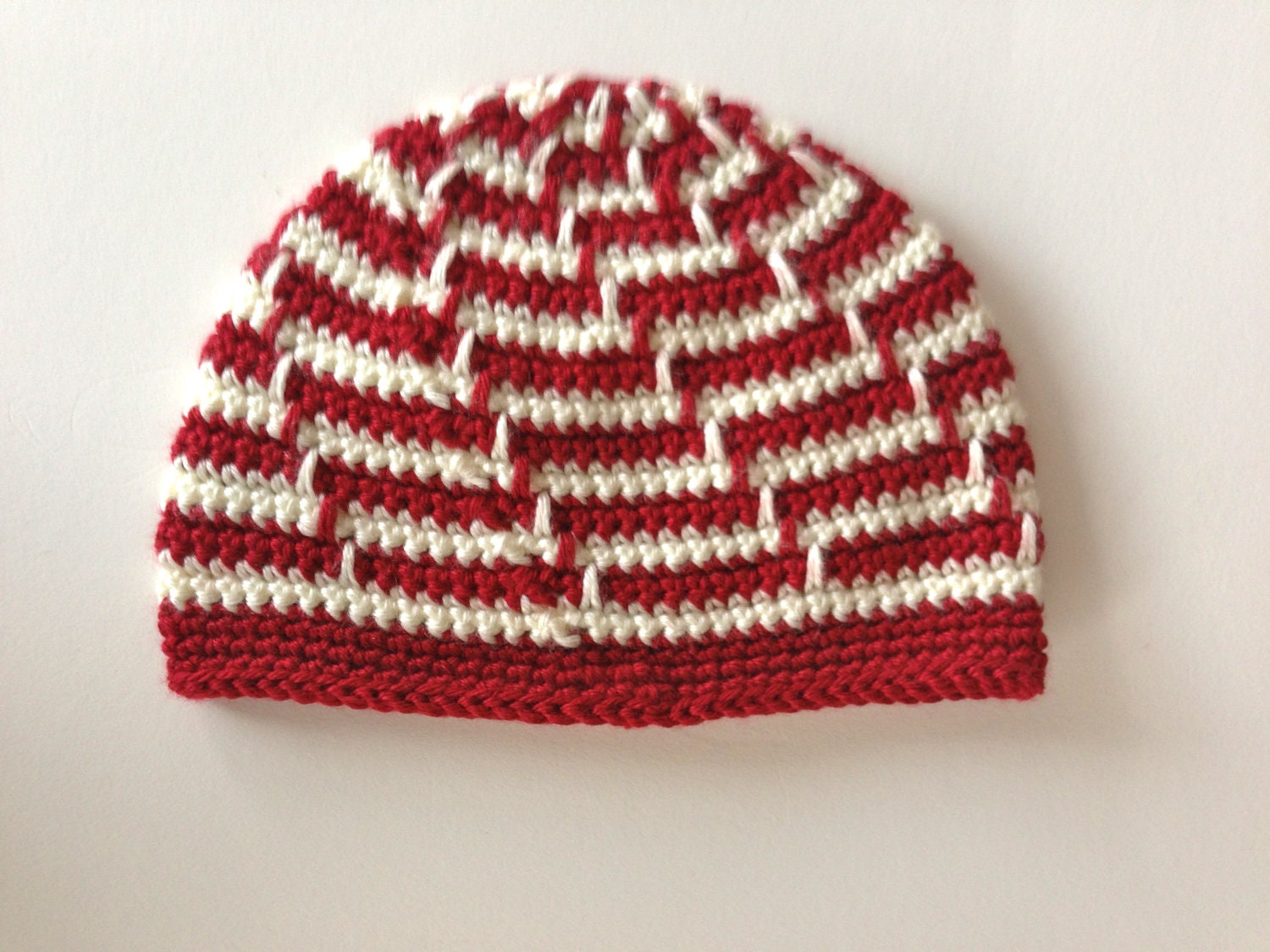 Beanie Hat Crocheted Red White with Geometric Stitch Boys Girls Teens