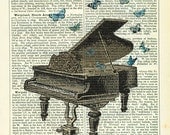 Piano with Butterflies Dictionary Art Print Vintage Upcycled Book Page Art Collage