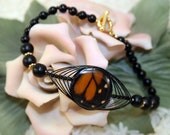 Real Monach Butterfly Wing Bracelet.  Herringbone Wire Wrap Focal Bead. OOAK 7 1/2 inch bracelet