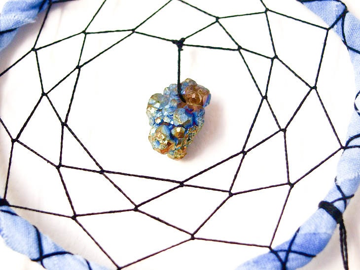 Dream Catcher - Titanium - With Raw Druzy Titanium, Natural Black Feathers, Blue Frame and Black Nett - Home Decor, Mobile - Hippie, Hipster