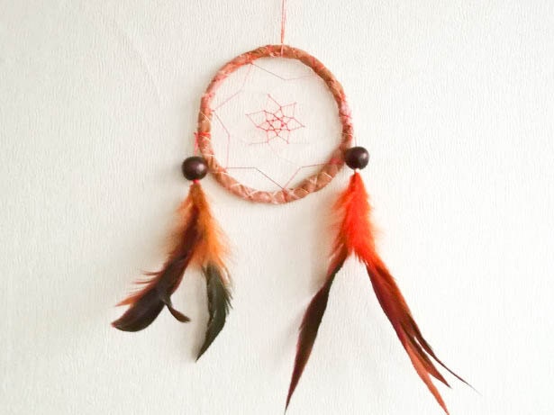 Dream Catcher - Orange Indian Summer - With Natural Orange Feathers, Orange Frame and Transitional White-Orange Nett - Home Decor, Mobile