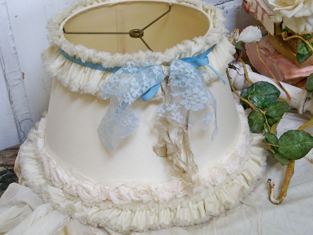 Shabby chic cream muslin lampshade French chic lighting decor tattered ruffle upcycled piece Anita Spero