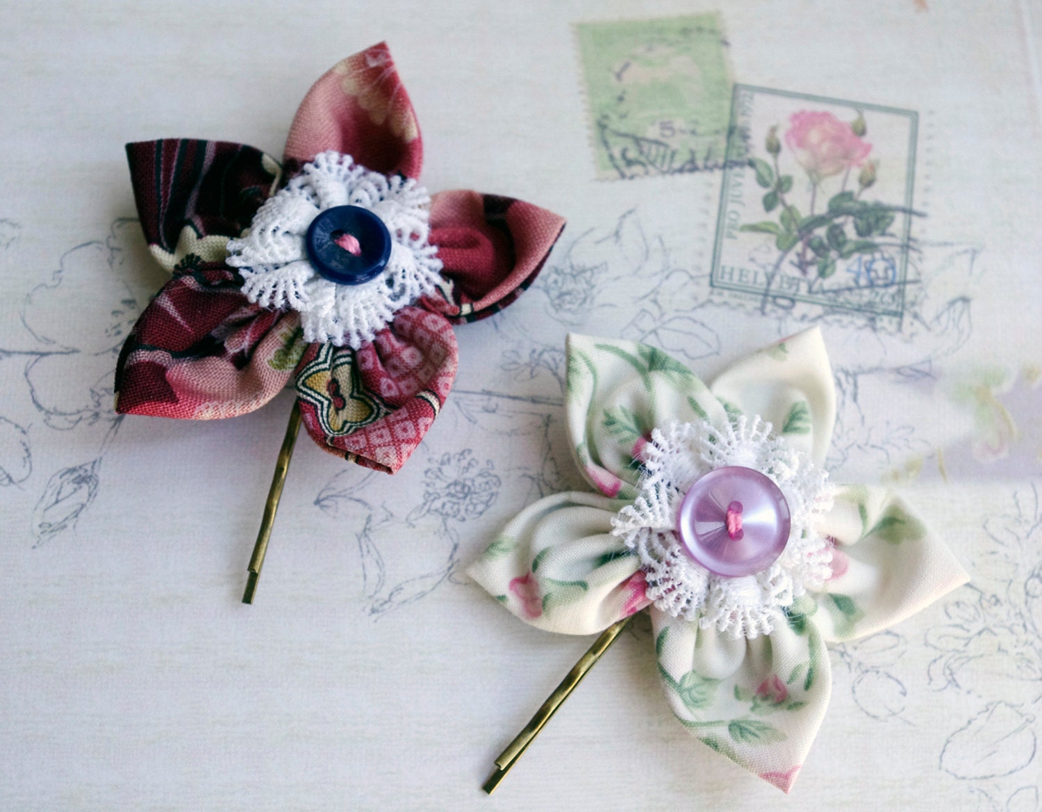 Flower Hair Pin accessories set Ecru Pink Burgundi Fabric Antic lace