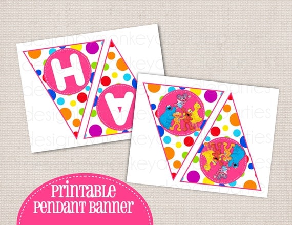 Girl's Little Red Monster Pink Birthday Party Printable DIY Pendant Banner "Happy Birthday" Il_570xn