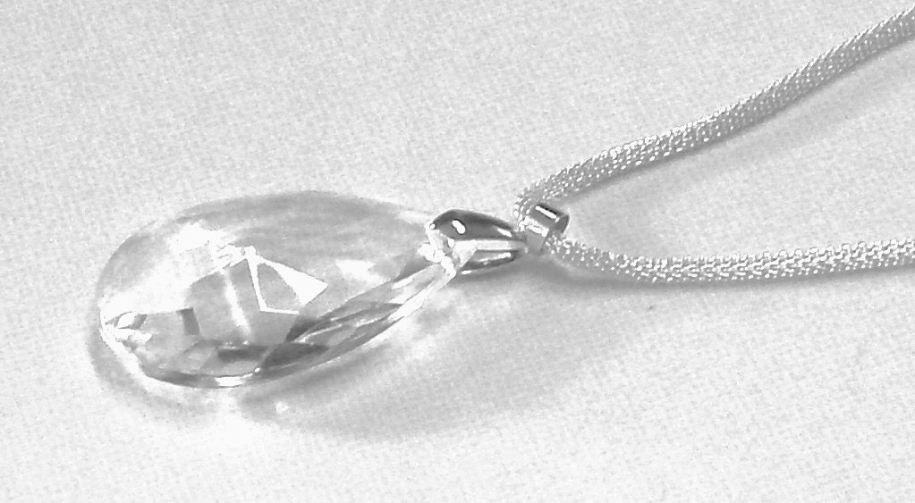 Handmade Necklace with Large Clear Glass Teardrop Crystal