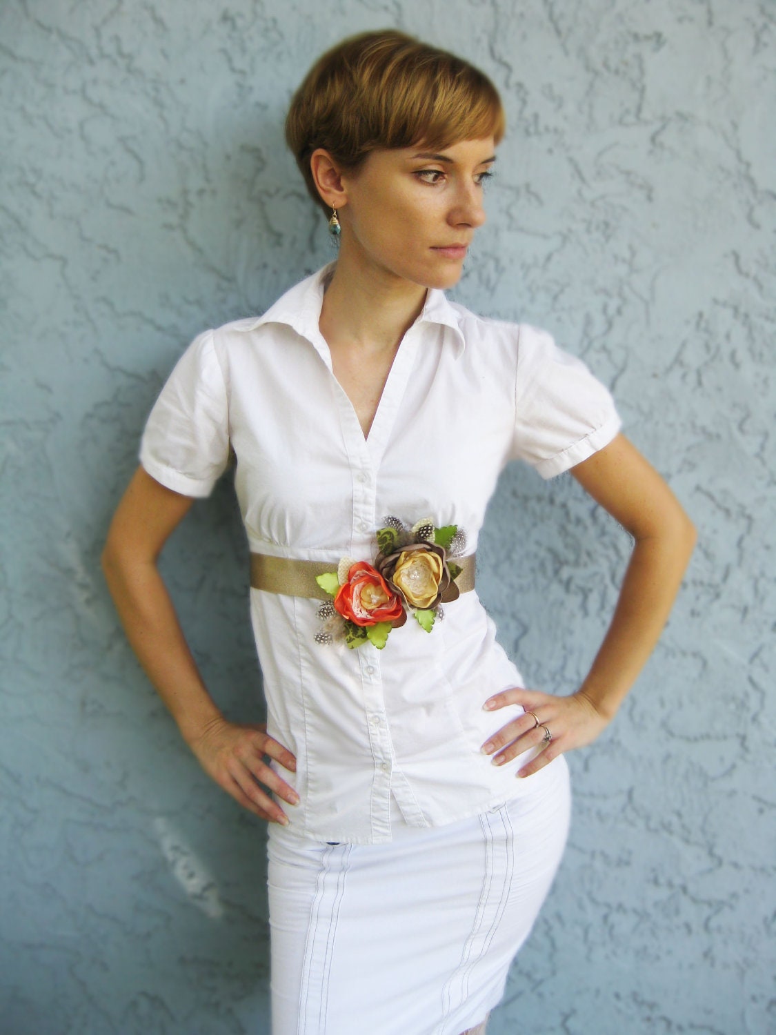 Orange Yellow Flower Sash Belt. Fall Autumn Collection. Flower Dress Sash Belt. Flower Accessory. Gold Dess Sash. Ribbon Sash.