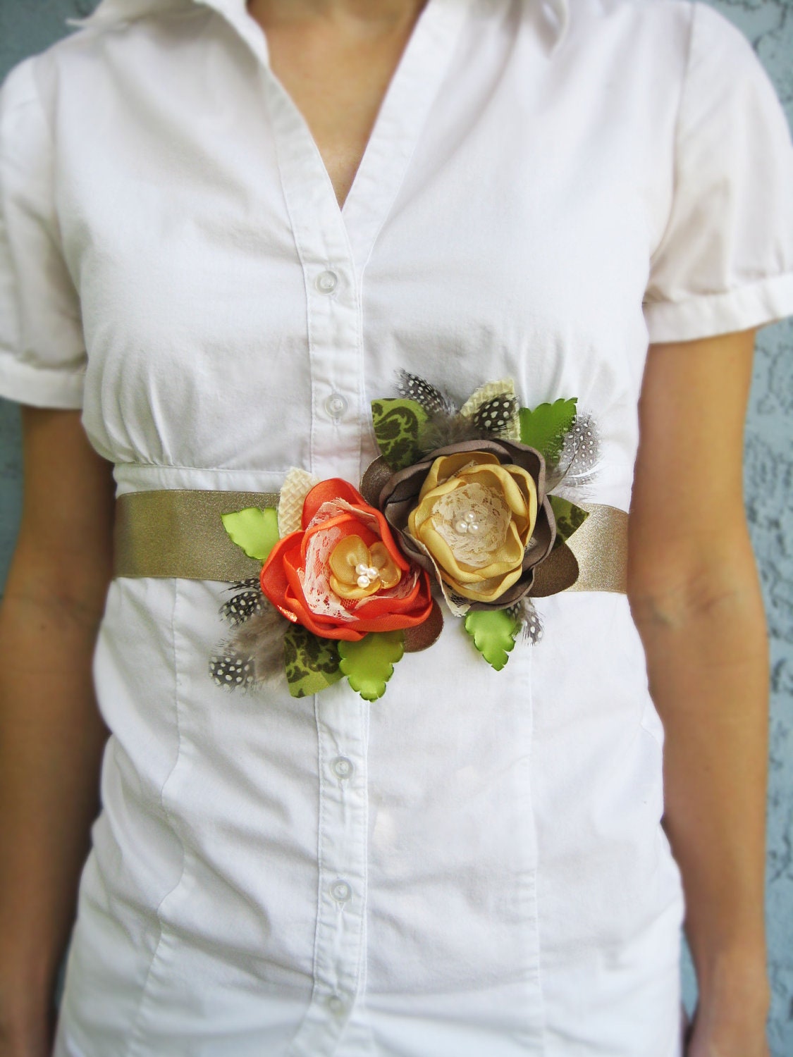 Orange Yellow Flower Sash Belt. Fall Autumn Collection. Flower Dress Sash Belt. Flower Accessory. Gold Dess Sash. Ribbon Sash.