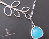SALE, 10% OFF: Branch and mint framed glass lariat necklace in white gold, branch necklace, glass pendant
