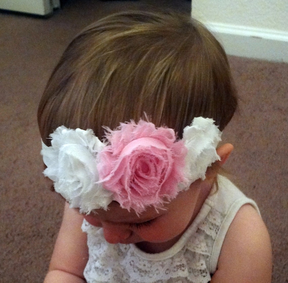 Pink and White Shabby Chic Rose Headband Il_570xn