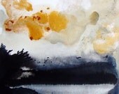 Abstract Art Landscape Original Painting Original Drawing Gouache Ink Contemporary Art Home Decor, Wall Art, Grey Black Gold White Sky Art
