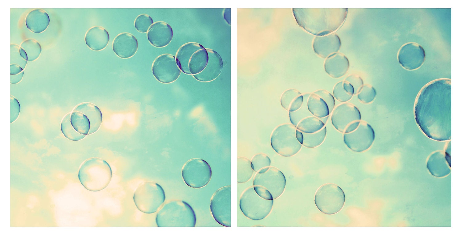 Falling Free - Set of 2 8x8 bubble photography prints home room nursery decor wall art minty blue mint cream clouds sky float childs kids