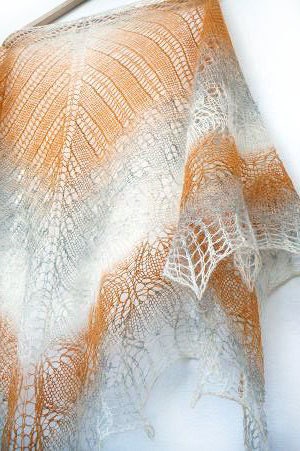 Hand knit shawl, wool shawl - honey , grey, orange
